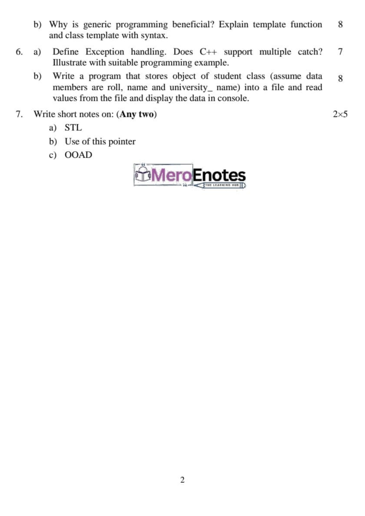 PU BE Civil Object Oriented Programming in C++ Question Paper 2nd Semester