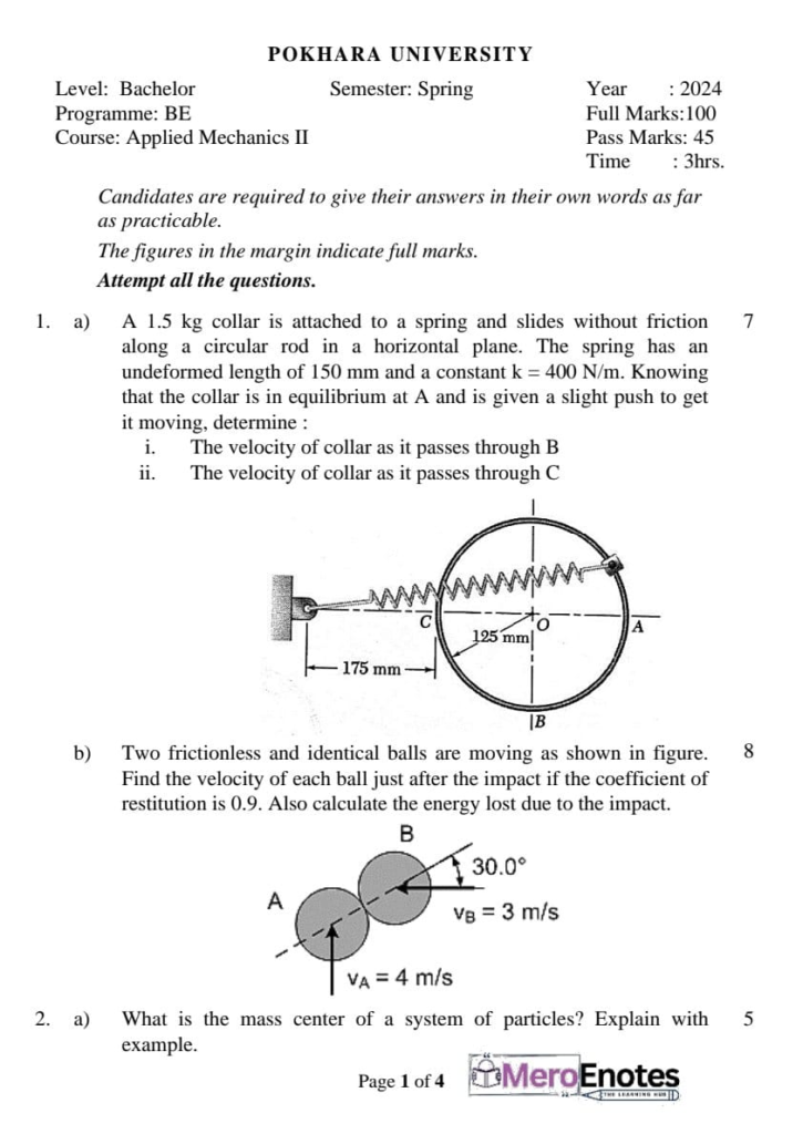 PU BE Civil Applied Mechanics II Question paper 3rd Semester