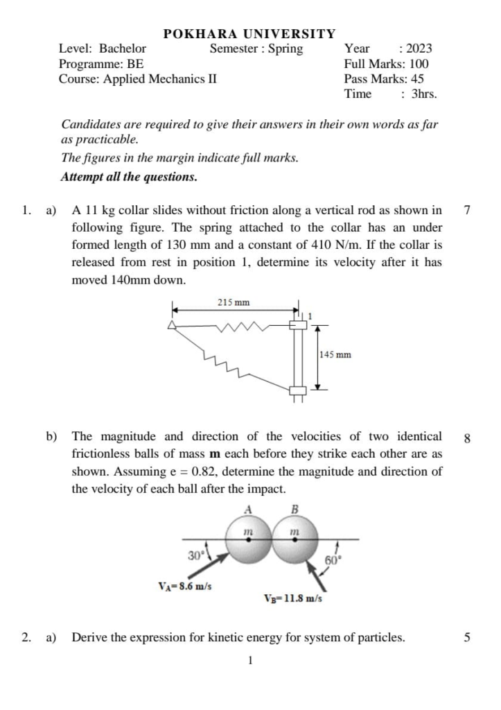 PU BE Civil Applied Mechanics II Question paper 3rd Semester