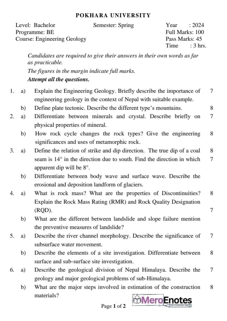 PU BE Civil Engineering Geology Question paper 3rd Semester