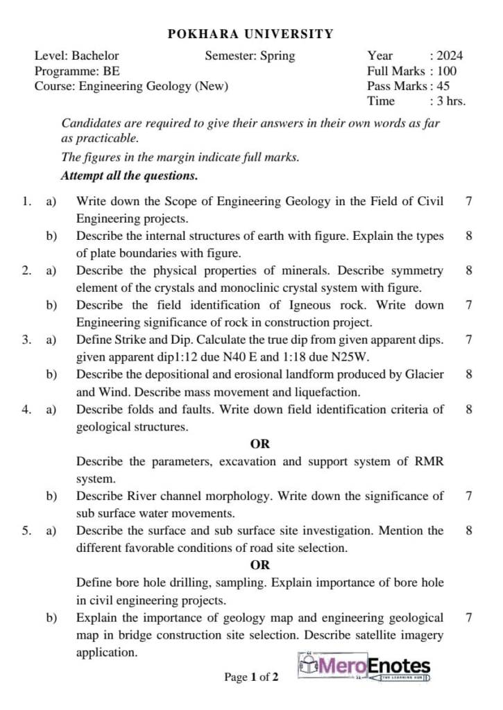 PU BE Civil Engineering Geology Question paper 3rd Semester