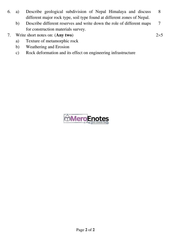 PU BE Civil Engineering Geology Question paper 3rd Semester