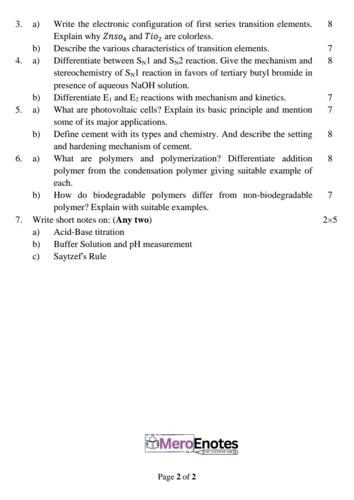 BE Civil Applied Chemistry Question Paper 2024