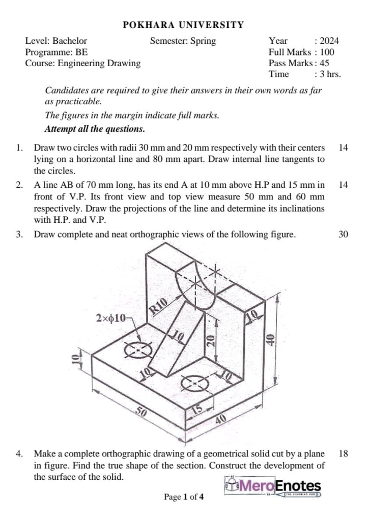 Pokhara University PU BE Civil Engineering Drawing Question Paper 1st Semester