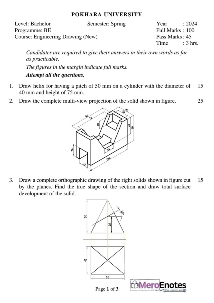 Pokhara University PU BE Civil Engineering Drawing Question Paper 1st Semester