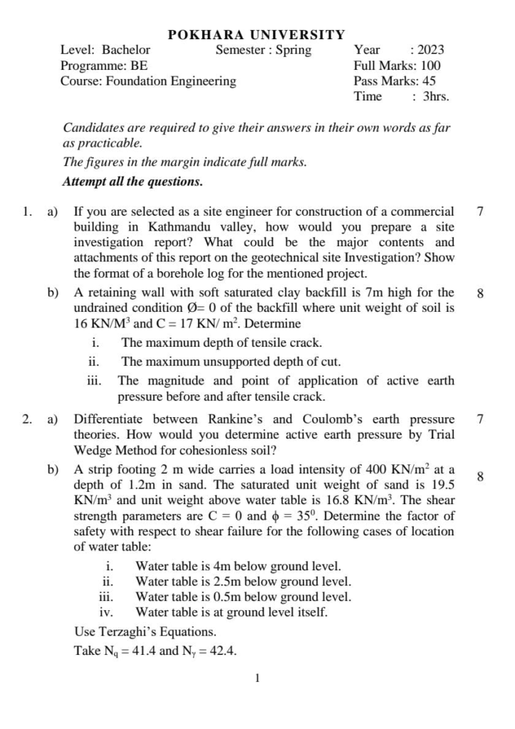 BE Civil Foundation Engineering Question Paper 2023
