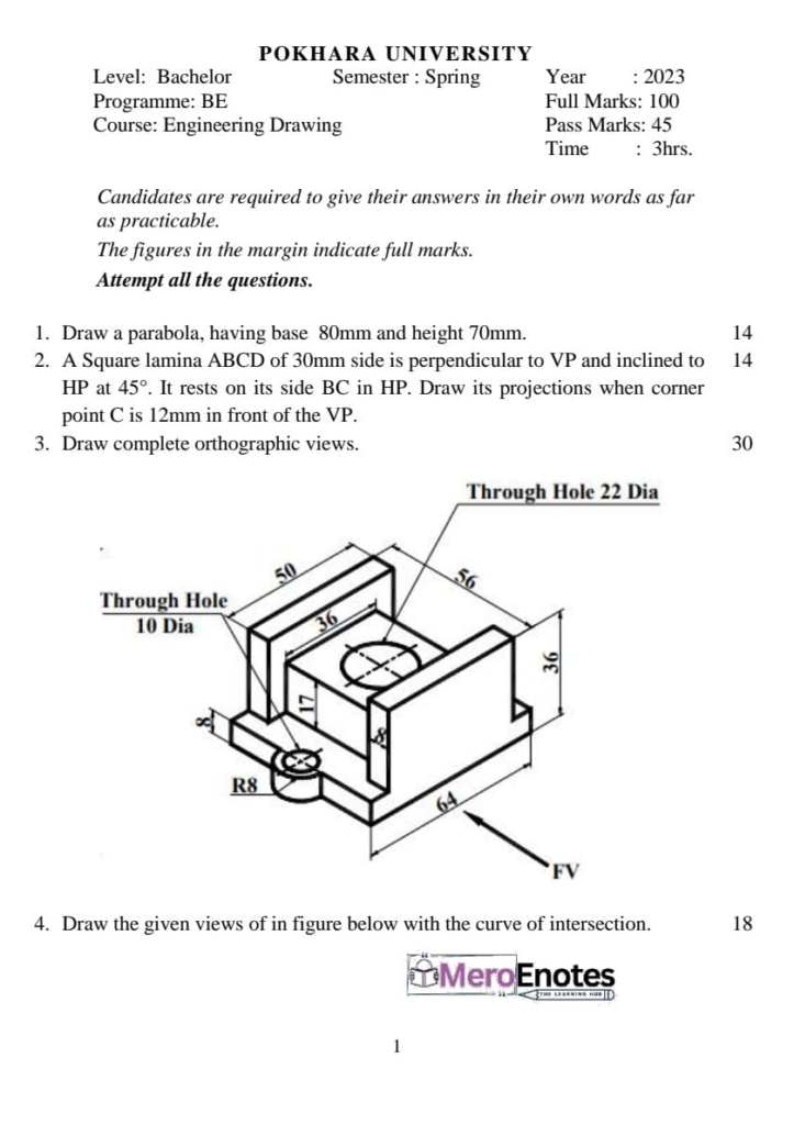 Pokhara University PU BE Civil Engineering Drawing Question Paper 1st Semester