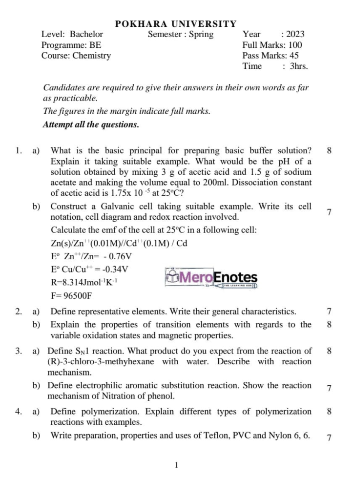 BE Civil Applied Chemistry Question Paper 2023