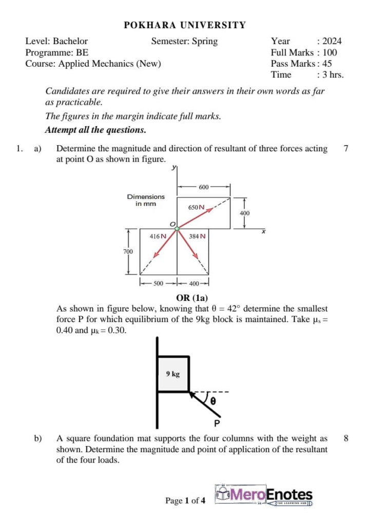 Pokhara University PU BE Civil Applied Mechanics Question Paper 2nd Semester