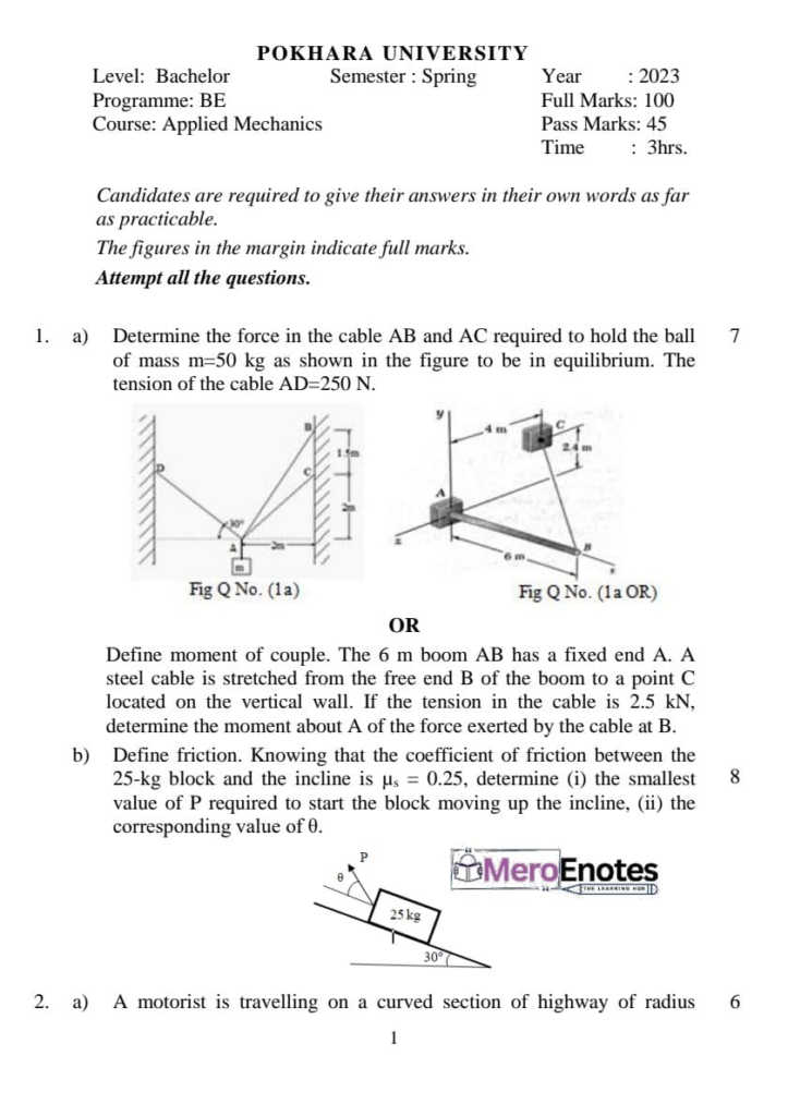 Pokhara University PU BE Civil Applied Mechanics Question Paper 2nd Semester