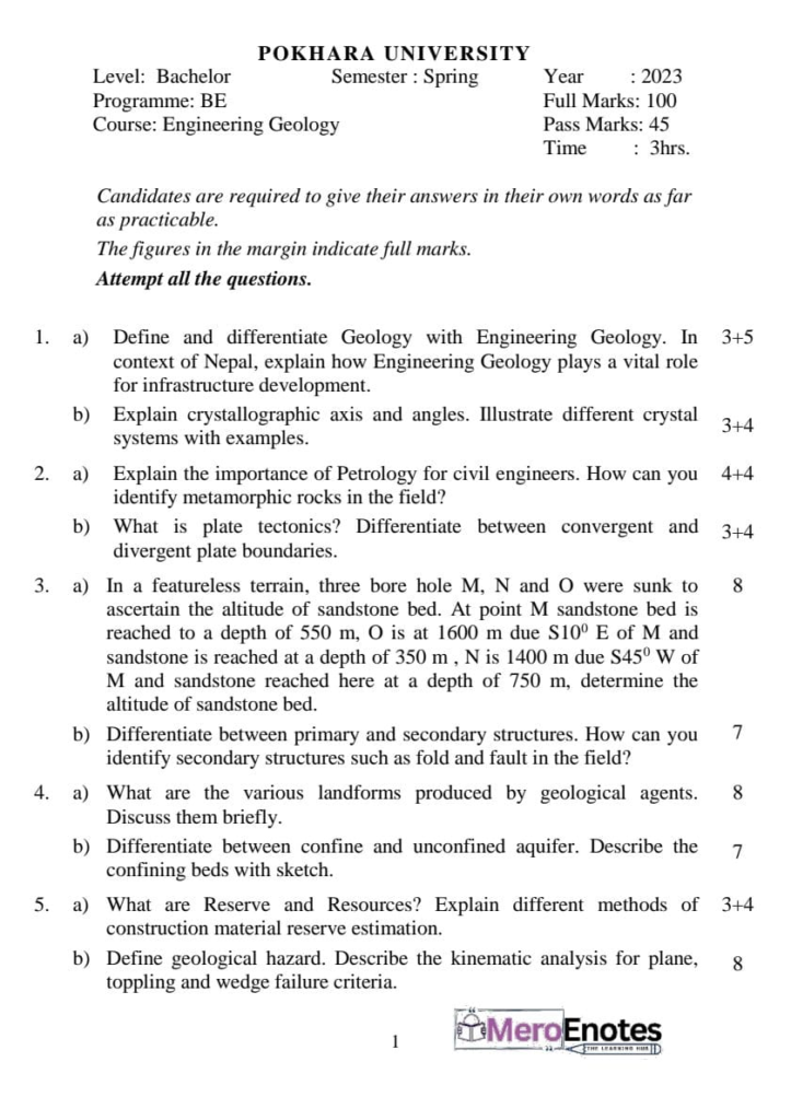 Pokhara University PU BE Civil Engineering Geology Question Paper 2nd Semester