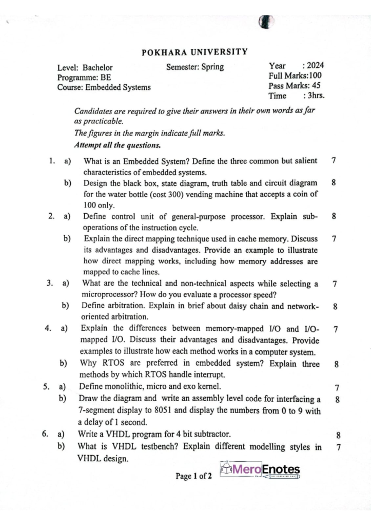 PU BE Computer Embedded System Question paper 5th Semester