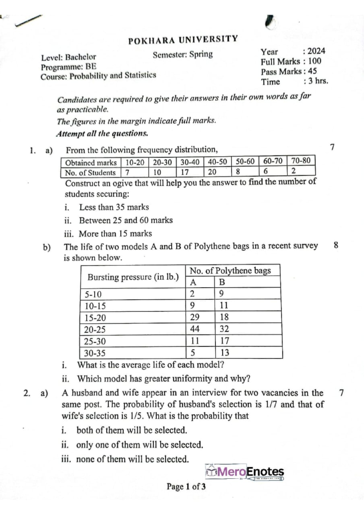 PU BE Computer Probability and Statistics Question paper 5th Semester