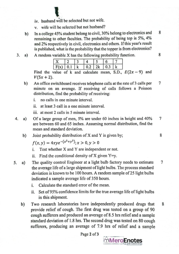 PU BE Computer Probability and Statistics Question paper 5th Semester