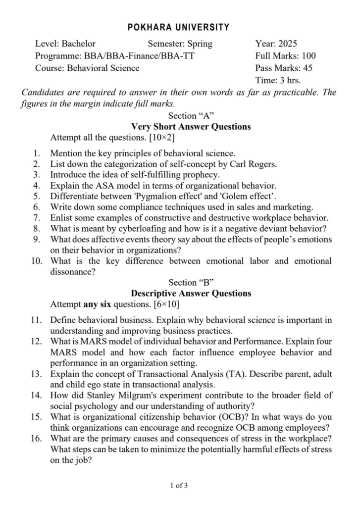 Pou BBA Behavioral Science Question paper